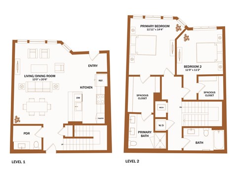 A floor plan of a two-level home with labeled rooms.